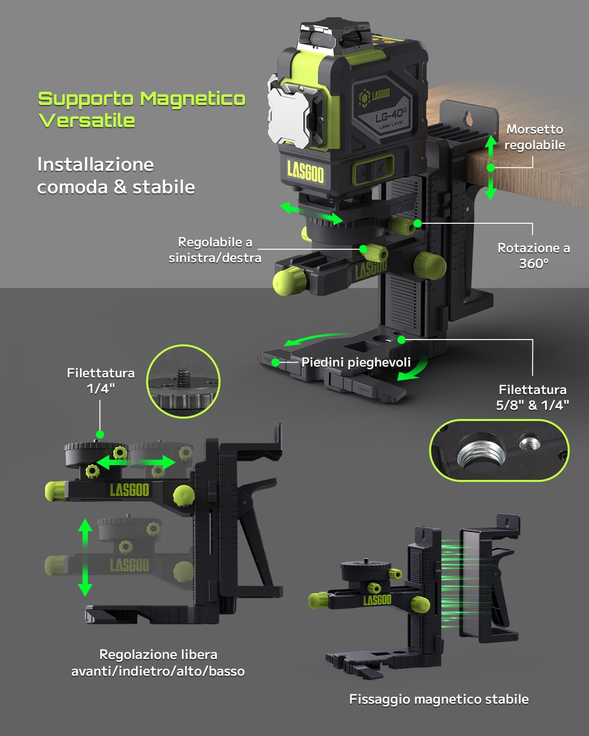 Livella laser autolivellante LasGoo 4x360°, 16 linee laser verdi, per edilizia e decorazione, con 2 batterie ricaricabili agli ioni di litio e supporto magnetico, modello LG-4Ds