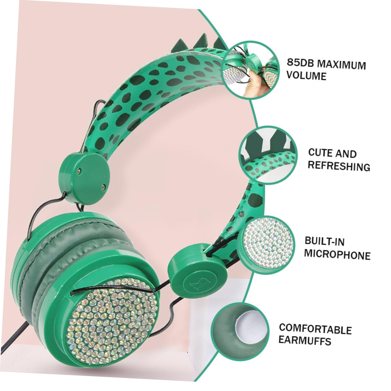 HEMOTON 3 Cuffie Auricolari Per Ragazzi Con Microfono Design A Forma Di Dinosauro Con Strass Per La Scuola