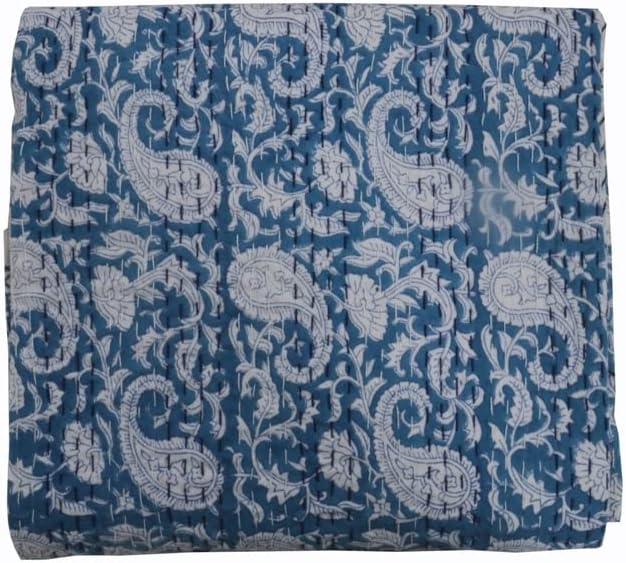 Miniatura 3 de Kantha indio - Manta de algodón con estampado de bloques de Kantha, hecha a mano, tamaño Queen e individual (azul, Queen (90 x 108))