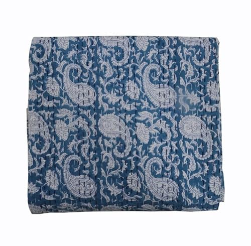 V Vedant Designs Indian Kantha Quilt Block Printed Kantha Blanket Cotton Kantha Bedspread Handmade Coverlet Throw Queen & Twin Size Kantha Bedcover (Blue, Twin(90X60)) #TOP2