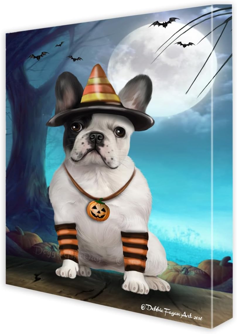 Doggie of the Day Candy Corn Halloween with French Bulldogs Canvas Wall Art - Premium Quality Ready to Hang Room Decor - Flat Rolled 11" x 14"