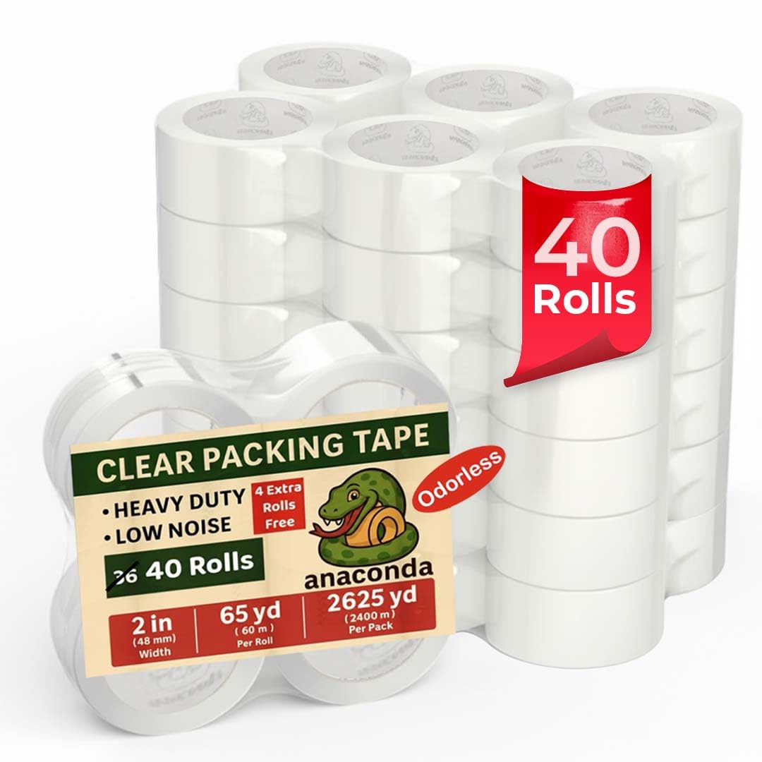 40 Rolls Clear Packing Tape Refills - Heavy Duty 2” X 65 Yards Bulk Value Pack (More Than Standard 36-Roll Packs) for Shipping, Moving & Storage - Strong Hold Clear Packaging Tape for Moving Sealing