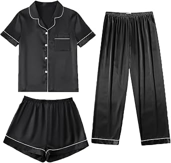 Viomisha Silk Pajamas for Women Set 3 Piece Satin Short Sleeve Sleepwear Button Down Pjs Loungewear Nightwear with Pocket