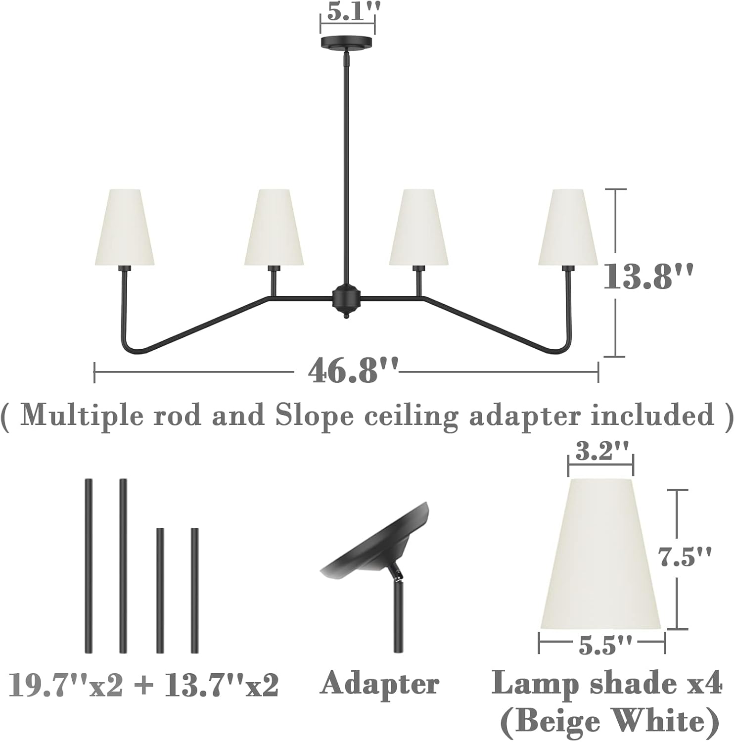 Electro bp;47"W 4-Light Linear Kitchen Island Lighting Fixture Classic Chandeliers Matt Black with White Linen Shades 160W - - 