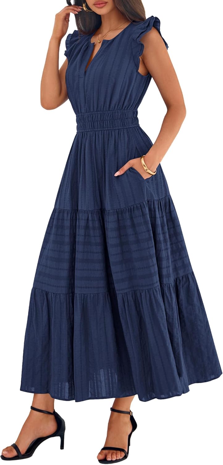 BTFBM Womens Summer Maxi Dress 2026 Spring Boho Vacation Ruffle Flutter Short Sleeve A Line Tiered Flowy Dresses Pockets - Image 5