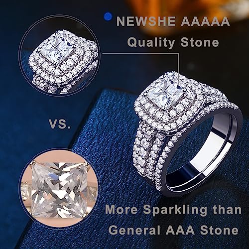 Newshe Jewellery AAAAA Cz Wedding Rings for Women Engagement Ring Sets Sterling Silver 1.7Ct Princess Cross Size 4-134