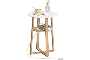 HOOBRO End Table with Charging Station, Round Accent Side Table with Bamboo...