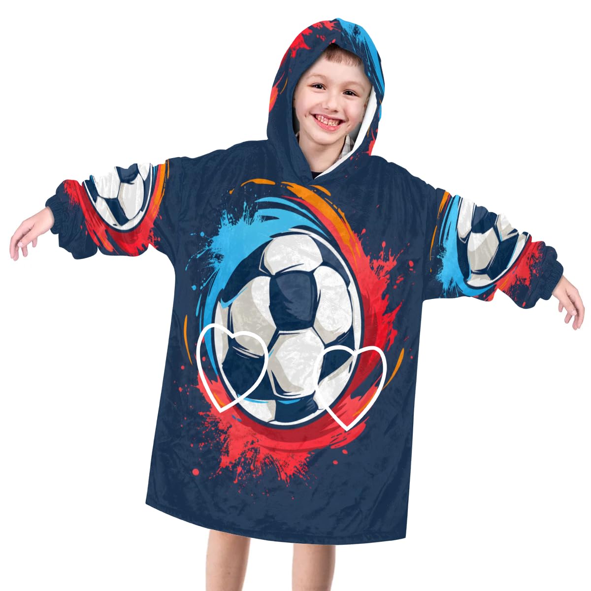Pardick Wearable Blanket Hoodie for Kids, Graffiti Football Fleece Sweatshirt Blanket Oversized Blanket Sweatshirt with Pocket Flannel Warm Hooded Blanket 6-10 Year Old Girl Boy Gift, One Size