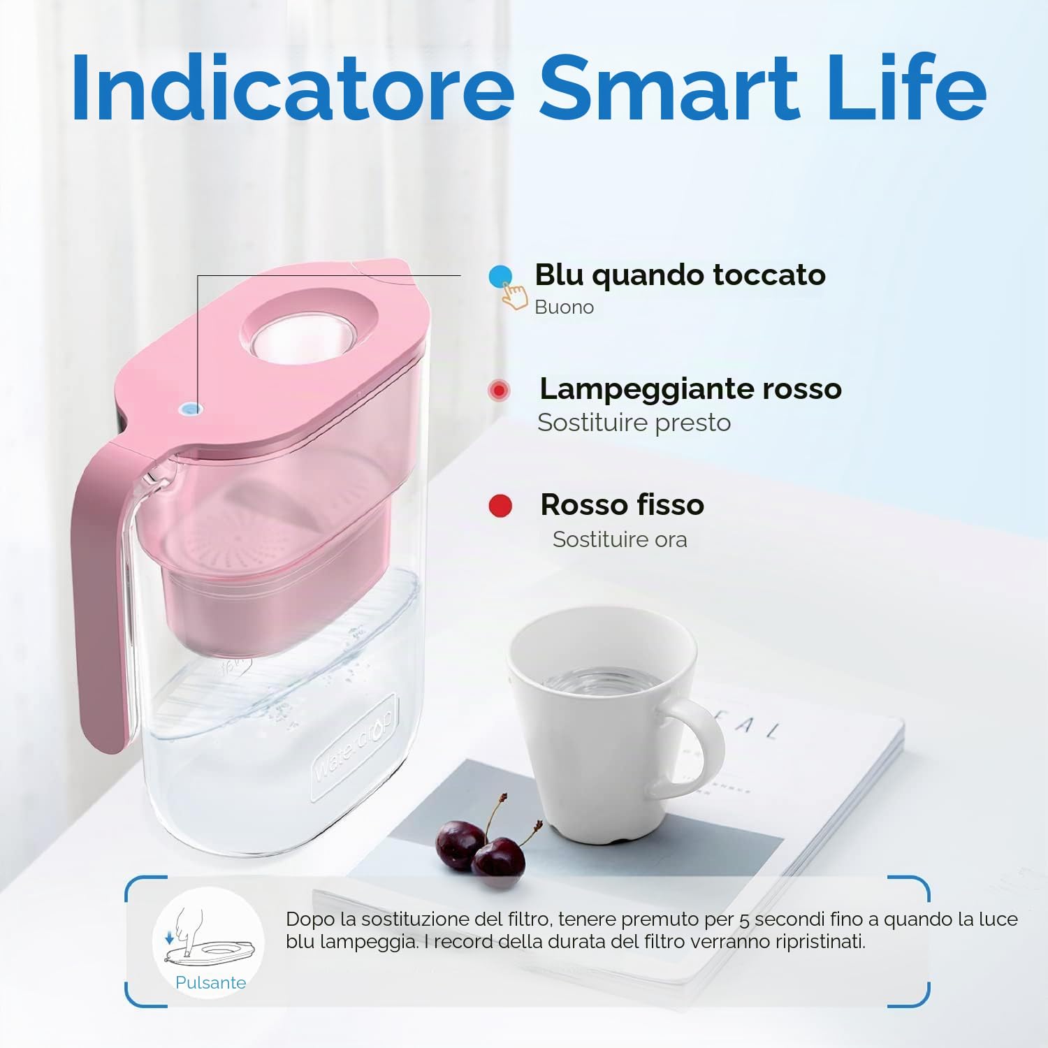 Waterdrop Elfin NSF Certificato 2.5L Caraffa Filtrante per Frigorifero con 1×90 Giorni Filtro, Riduce Piombo, Fluoro, Cloro e Altro, Senza BPA, Rosa (Filtro di Ricambio: WD-PF-01A Plus)