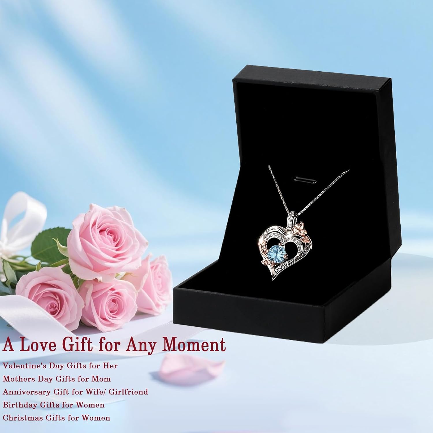 Rose Birthstone Heart Necklaces for Women S925 Sterling Silver I Love You Jewelry Gift for Women Birthday Wedding Anniversary, Mother’s Day Gifts for Mom, Mother, Wife, Girlfriend with Birthstone Pendent Necklace - Image 7