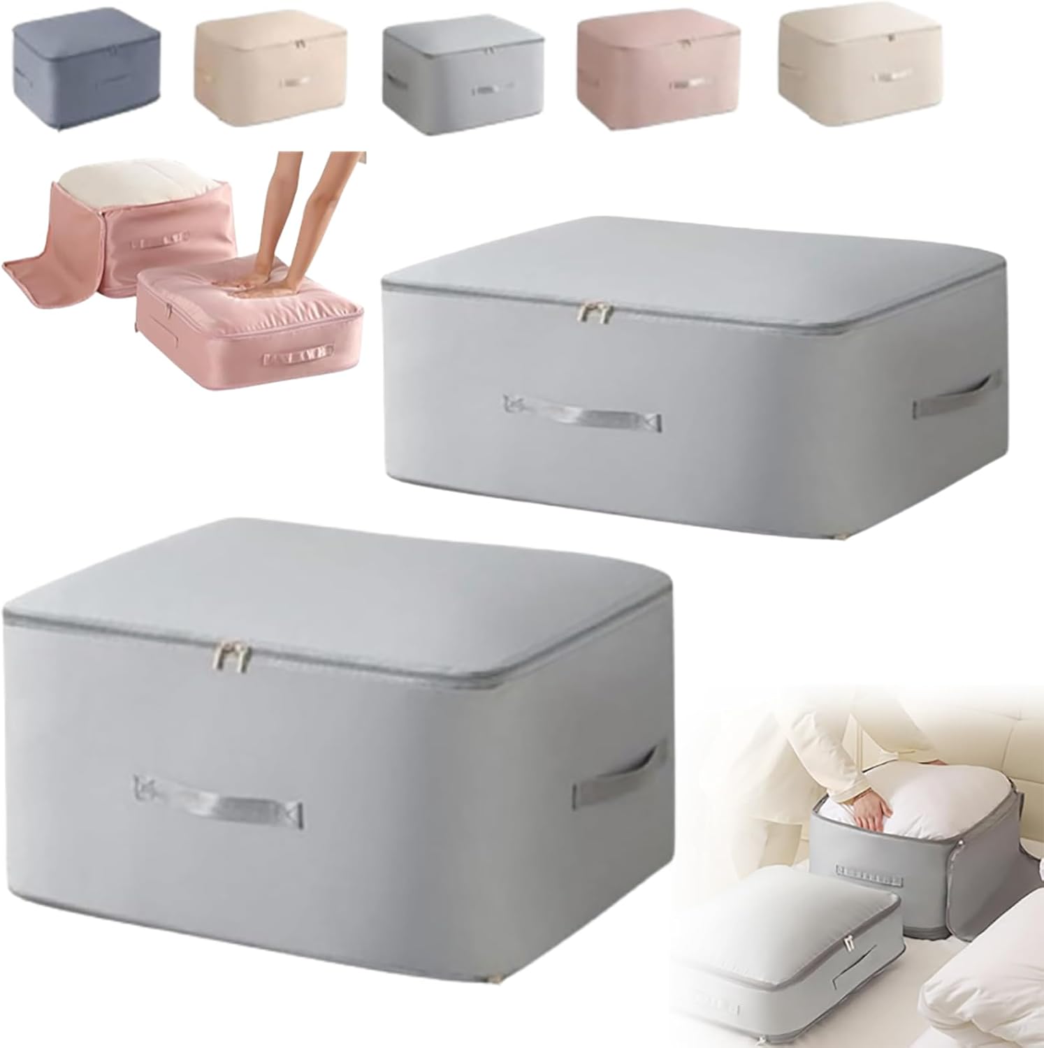 Comforter Storage Bag, Ultra Space Saving Self Compression Organizer Heavy Duty Moving Bags Self Compression Moving Organizer Bags for Comforters, Clothes, Blankets (Grey, L+XL)