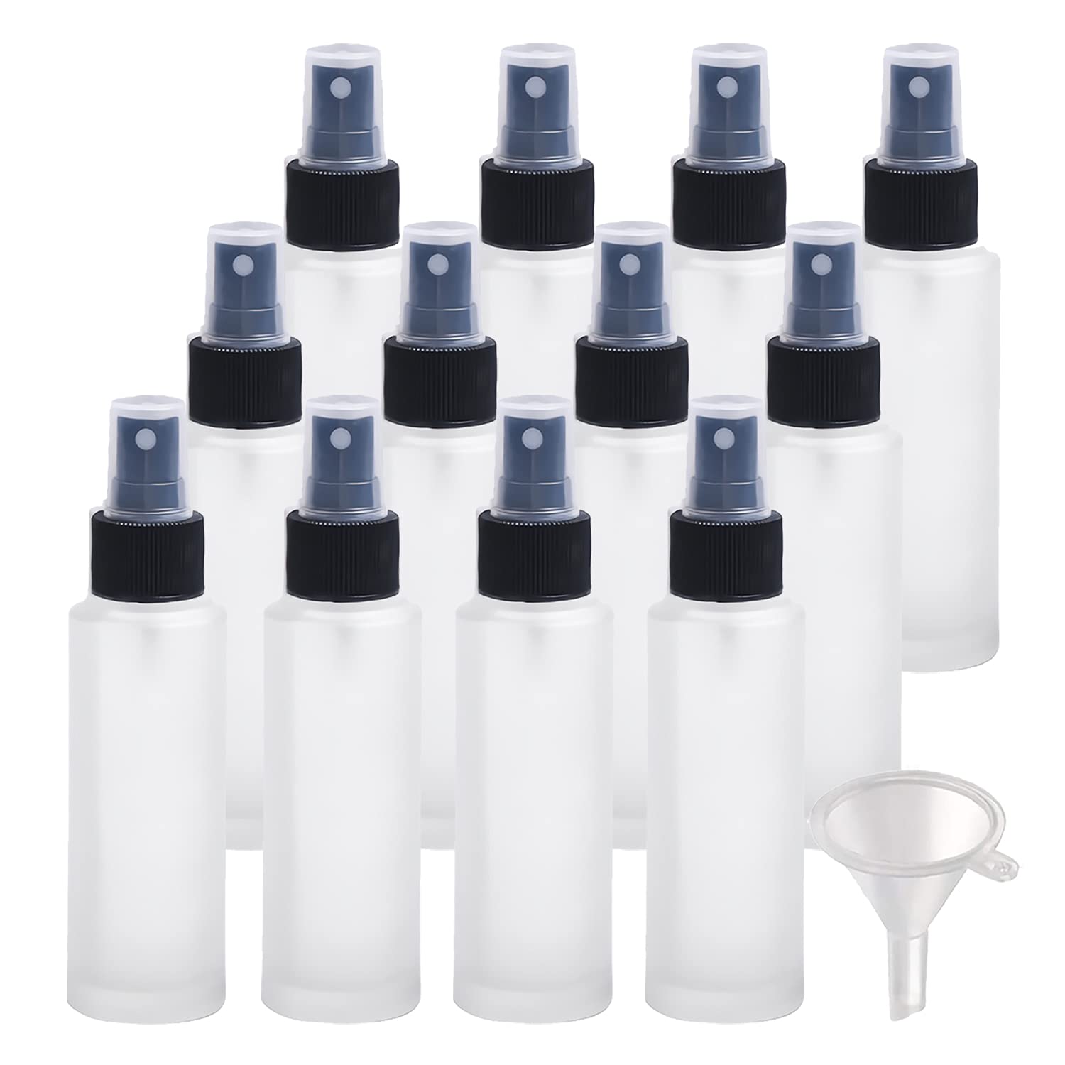 12 Stück 50ml Matt Transparent Glas Sprühflaschen mit Schwarz Sprüher & 2 Stück Trichter, 50 ml Leer Glas Nachfüllbar Zerstäuber Sprayflasche Reisen Heim Parfumzerstäuber
