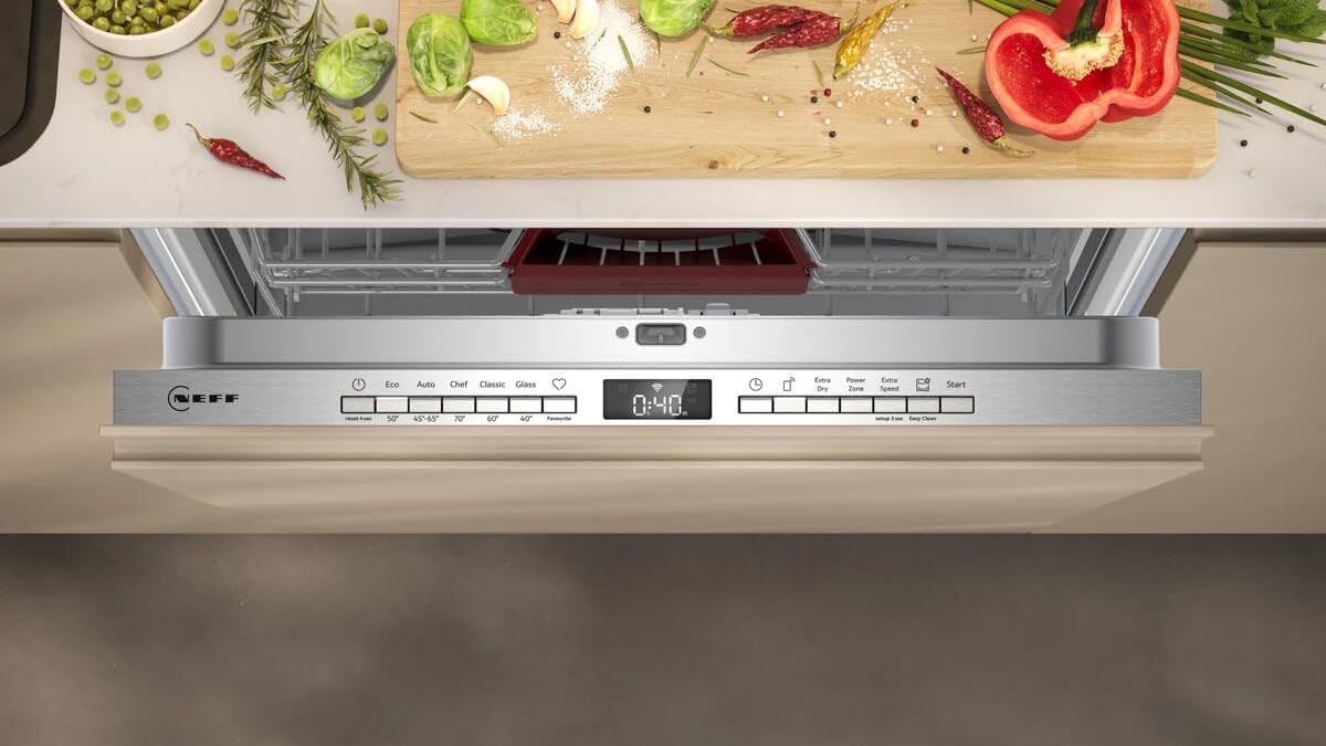 NEFF N 50 Smarter XXL, Lave-vaisselle, entièrement intégré, 60 cm, S255EVX04E, tiroir à couverts flexible, téléchargement de programmes, nettoyage puissant avec Chef 70 °C, Smart Start, Open Dry, Aqua