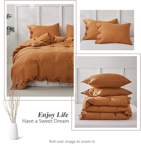 Miniatura 4 de Simple&Opulence Juego de funda de edredón 100% lino, 3 piezas con cierre de lazos de lazo, lino lavado francés natural, color sólido, suave,