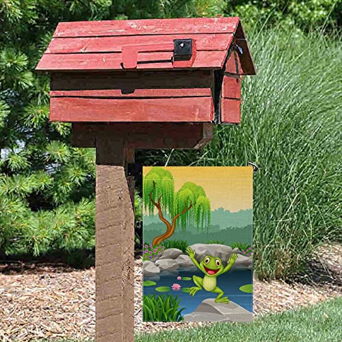 Uanvaha Frog Flower Holiday Garden Flags 12.5X18 Double Sided Pink Lotus Pond Cartoon Happy Smile Green Animal Jumping Rock Tree Vertical Yard Flag For Outside Patio Decorations Outdoor #TOP4