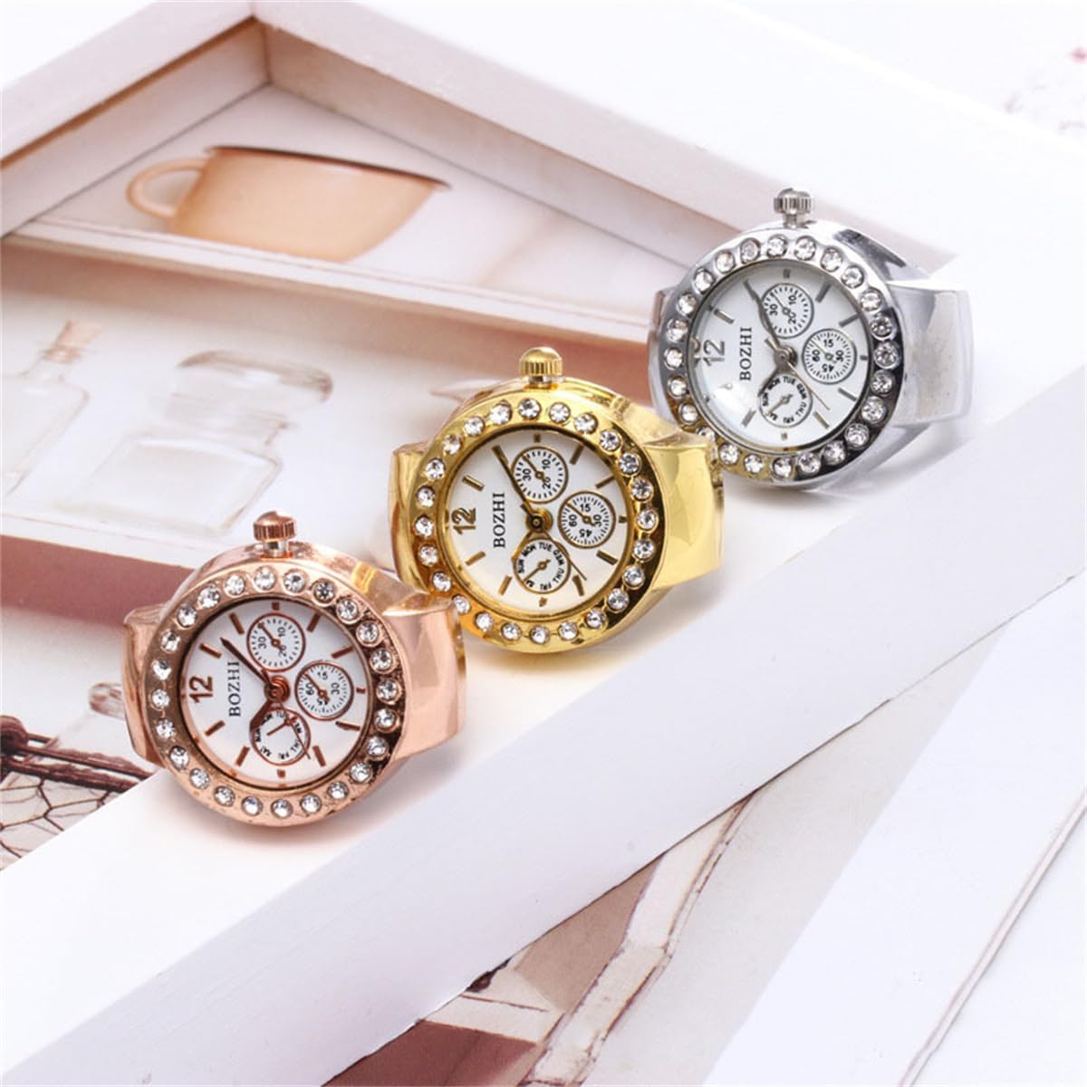 CdyBox Women Elegant Finger Watch with Diamonds Round Quartz Analog Ring Watch for Men 3 Pack - Image 3