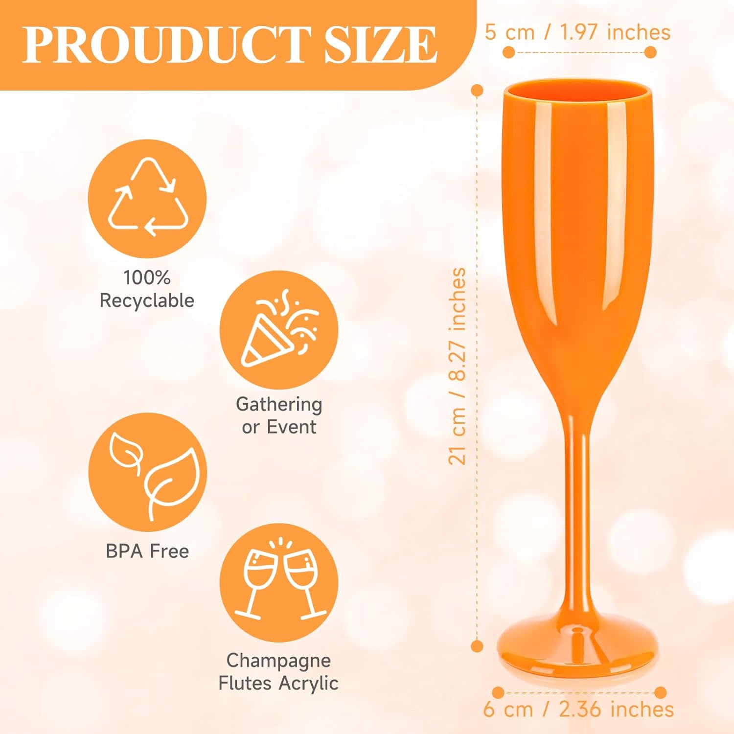 XUWAIDSGN Acrylic Champagne Flutes Toasting Glasses Unbreakable Mimosa Bar Reusable Wine Glasses Vintage Champagne Flutes Stemmed Drinking Cups 5.4 OZ for Christmas Birthday (24, Orange) - Image 2