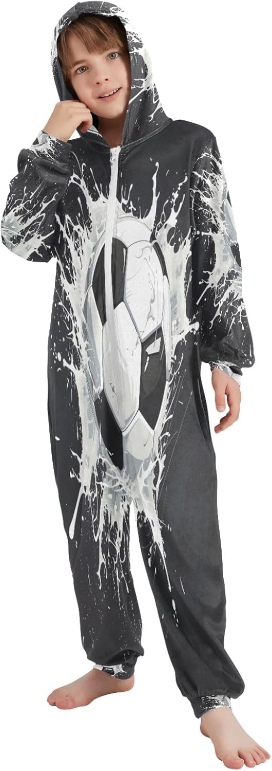 Soccer Ball Onesie Pajamas Zip Up One Piece Sleepwear Hooded Jumpsuits - Image 4
