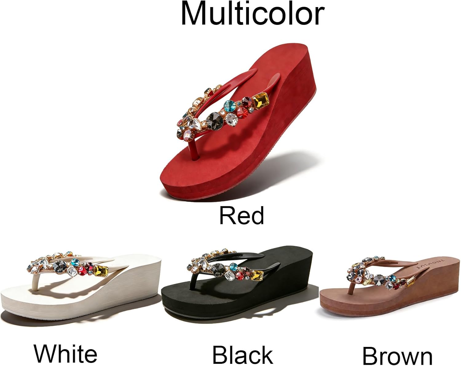 Women's EVA Wedges Heel Boho Flip Flop with Rhinestones Fashion Round Open Toe Sparkly Platform Thong Sandals for Outdoor Summer Beach Walking Shower Indoor