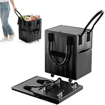 Rolling Tote Bag on 4 Wheels, Reusable Grocery Bag with Handle and Zipper, 60L Rolling Shopping Bag, Rolling Utility Tote for Trips, Laundry, Lightweight, Folds Flat, Black