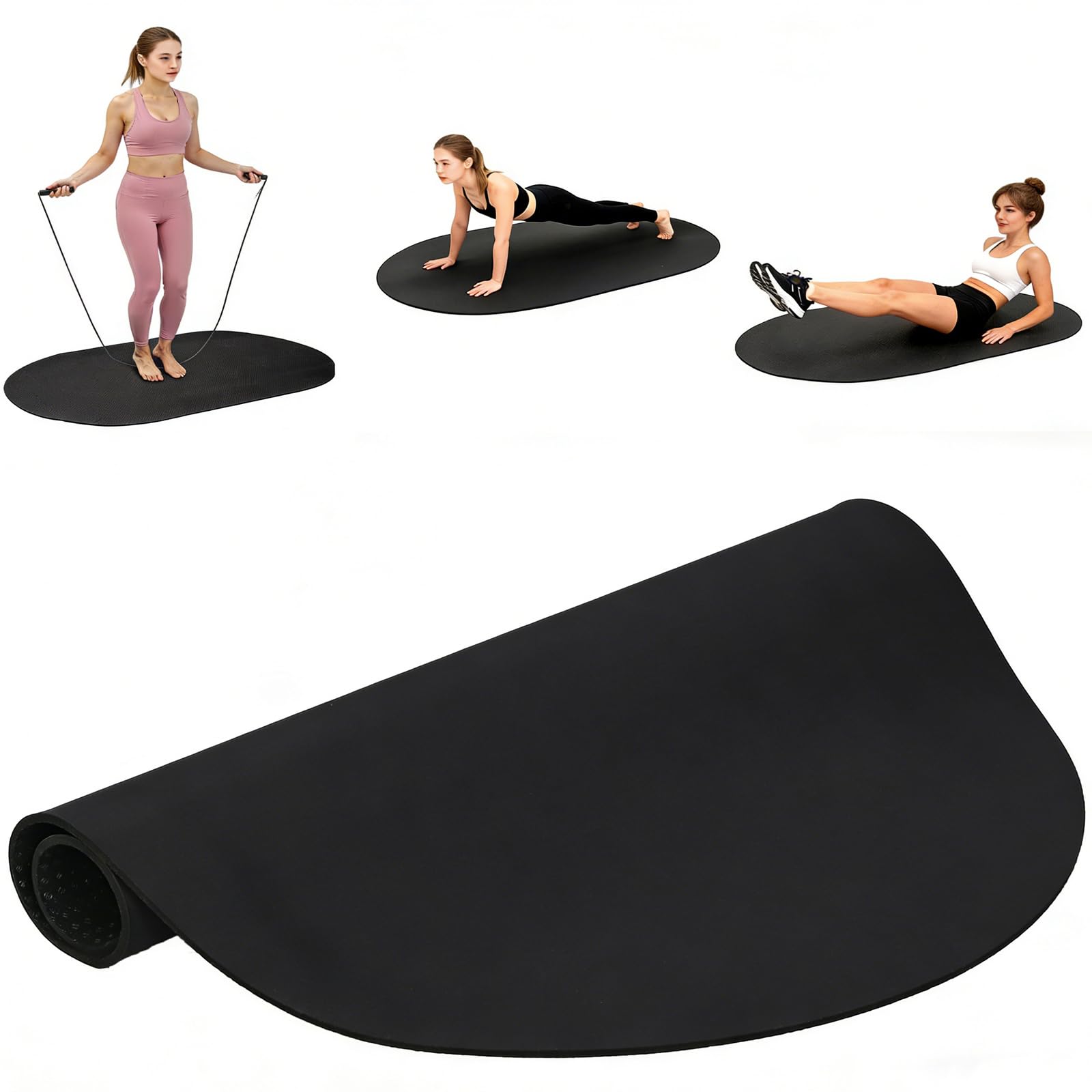 bimiti Springseilmatte Outdoor, 140x90cm Sportmatte Fitnessmatte Rutschfest Dicke 7mm, Stoßdämpfende Jump Rope Mat, Ovale Gymnastikmatte für Seilspringen, Yoga, Workout（Schwarz）