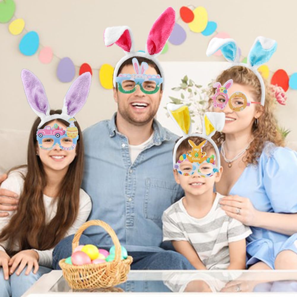 12 Pack Easter Bunny Ears Headbands & Party Glasses Frame Set, Plush Rabbit Headbands and Eye Glasses, Photo Props Party Favors Holiday Decor
