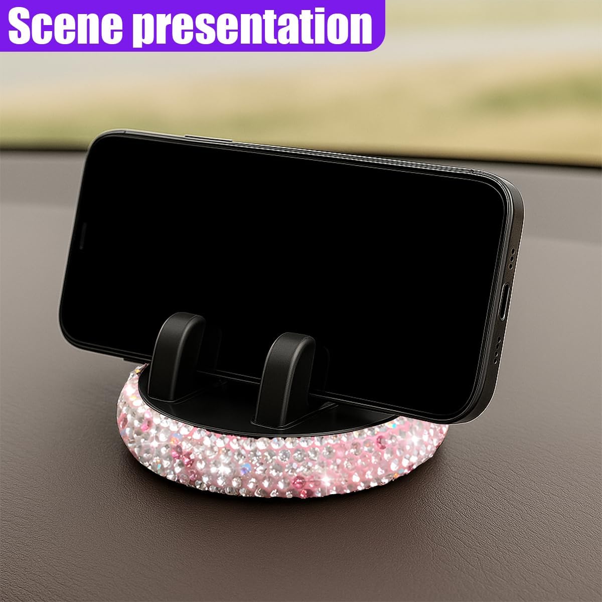 YoRise Bling Car Phone Holder, Rhinestone 360° Adjustable Car Dashboard Navigation Mount, Self-Adhesive Center Console Cellphone Stand, Universal Vehicle Smartphone Bracket for Most Cars (Pink)