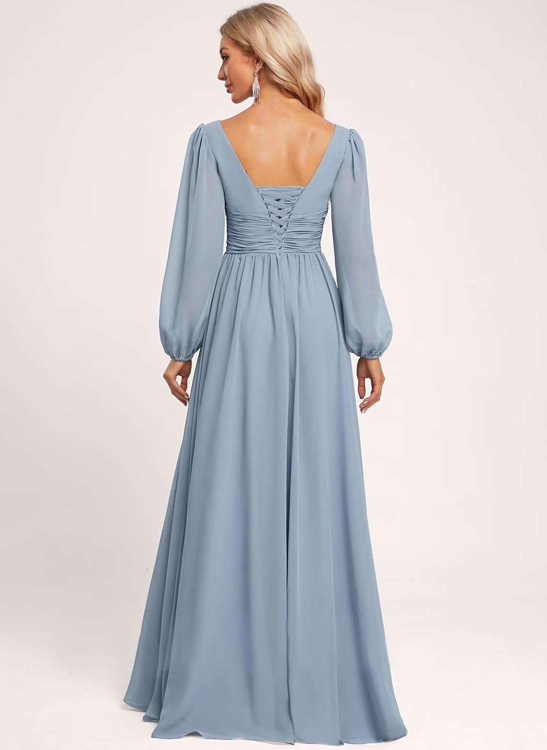 SNOWROSE Long Sleeve Bridesmaid Dresses for Women V Neck Pleated A Line Chiffon Wedding Guest Dress with Slit - Image 5