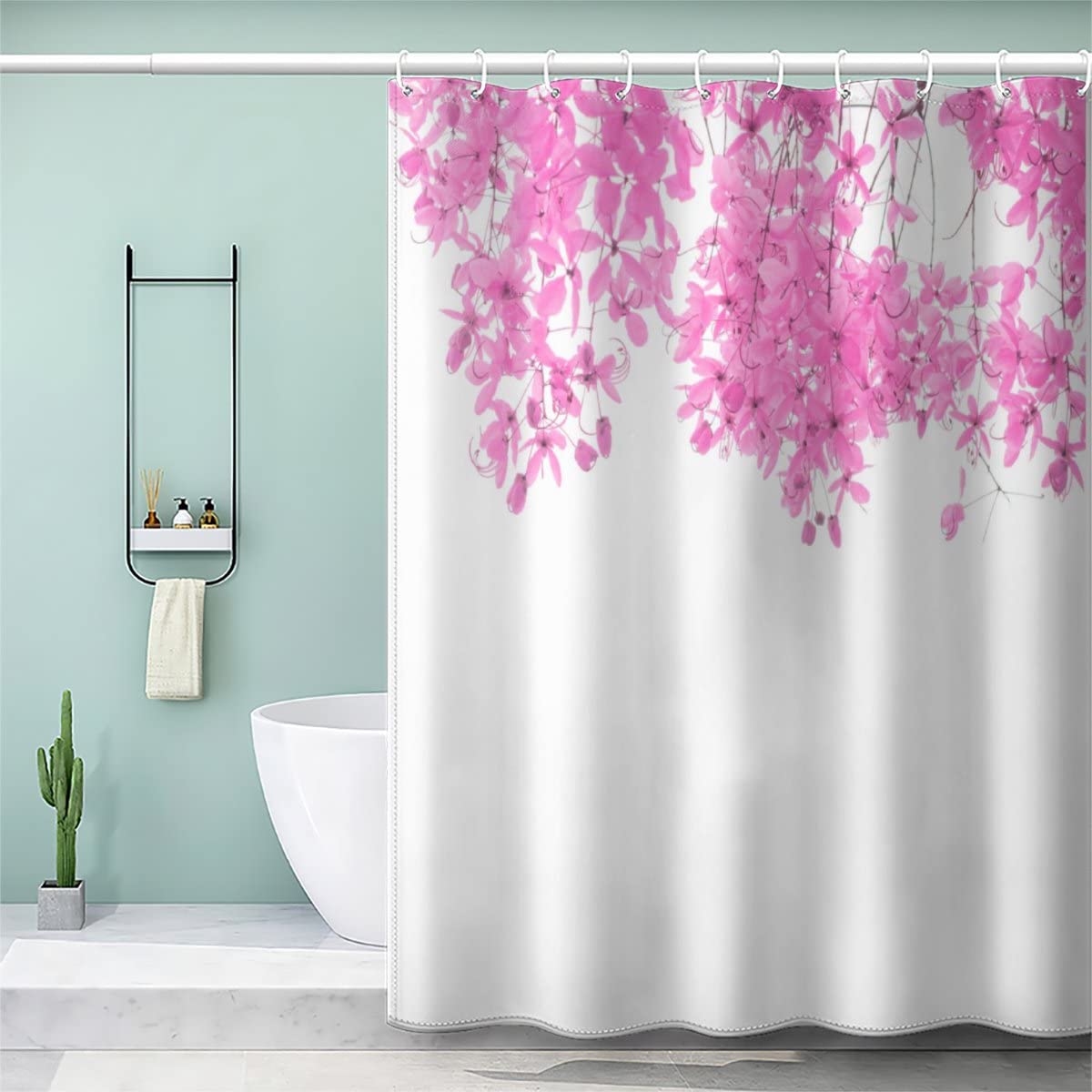 VASENA Flower Shower Curtain Mould Proof Resistant Waterproof Polyester 3D Printed White Pink Bath Curtains for Shower with 12 Hooks Art Deco 180x200 cm