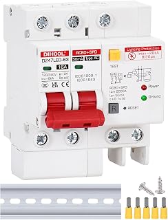 DIHOOL Ground Fault Circuit Breaker with Voltage Surge Arrester Protection, 16 Amp 2 Poles AC 120V-240V, DIN Rail Mount Residual Current Circuit Breaker 16A