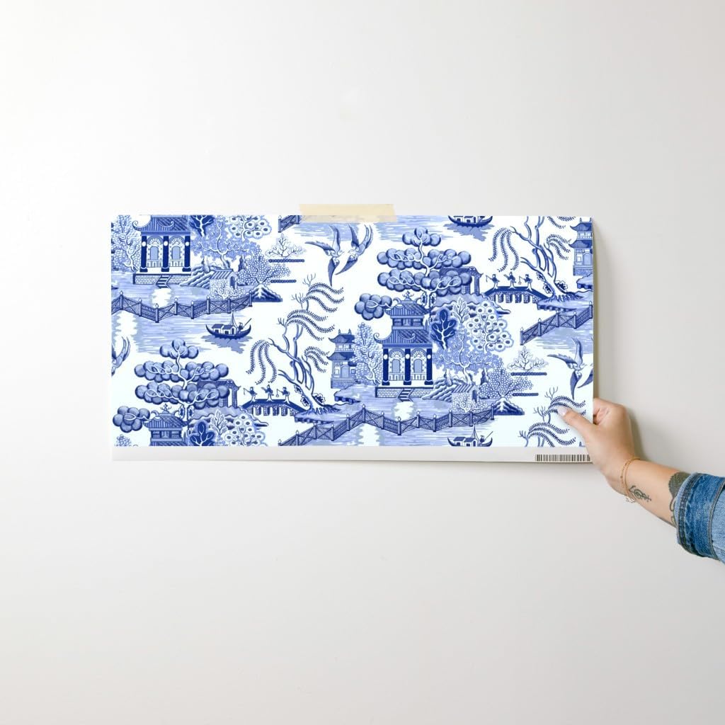 Spoonflower Peel & Stick Wallpaper Swatch - Pagoda Chinoiserie Blue Toile Chinese Botanical Garden Willow Cottagecore Grandmillennial Custom Removable Wallpaper