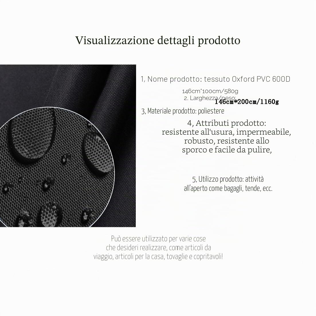 Tessuto Oxford 600D impermeabile, resistente, rivestito in PVC al 100%, resistente agli strappi, resistente ai raggi UV (nero, 200 cm x 146 cm)