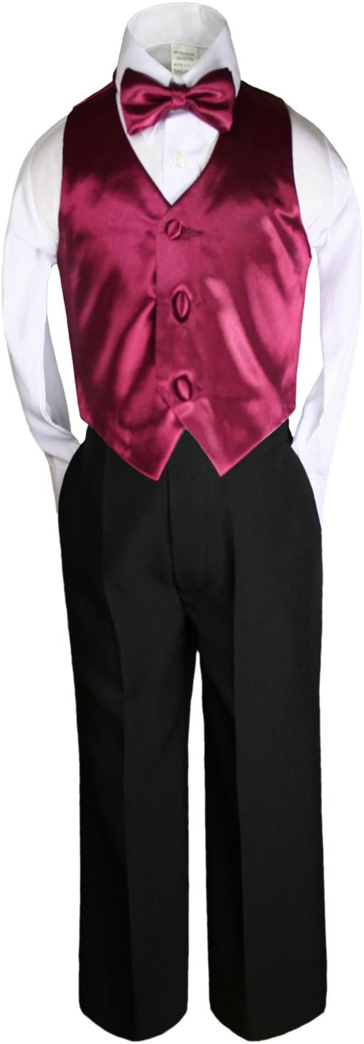 6pc Boys Black Vest Bow Tie Sets Suits Outfits with Color Vest Sets (S-7)