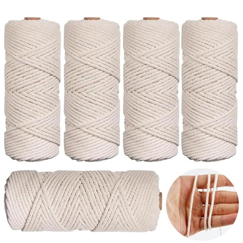 5 Rolls Natural Macrame Cord, BetterJonny 3mm x 270 Yards Natural Macrame Rope, 4 Strand Twisted Cotton Rope Macrame Yarn, Cotton Craft Cord for Wall Hanging, Plant Hangers, Knitting, DIY