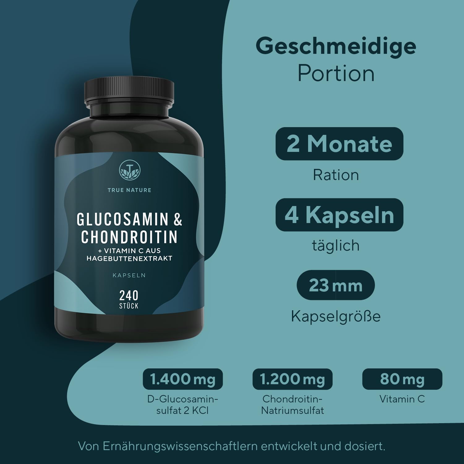 Glucosamin Chondroitin hochdosiert - 240 Kapseln mit 2600mg Glucosamin & Chondroitin pro Tag - mit Vitamin C (trägt zur normalen Kollagenbildung bei) - Pharmazeutische Qualität - TRUE NATURE