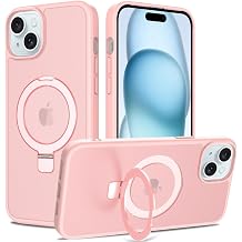 Ultra-Magnetic Stand for iPhone 15/iPhone 14/iPhone 13 Case [Military Drop Protection] [Compatible with MagSafe] Shockproof Translucent Matte Slim Ring Holder Case Pink
