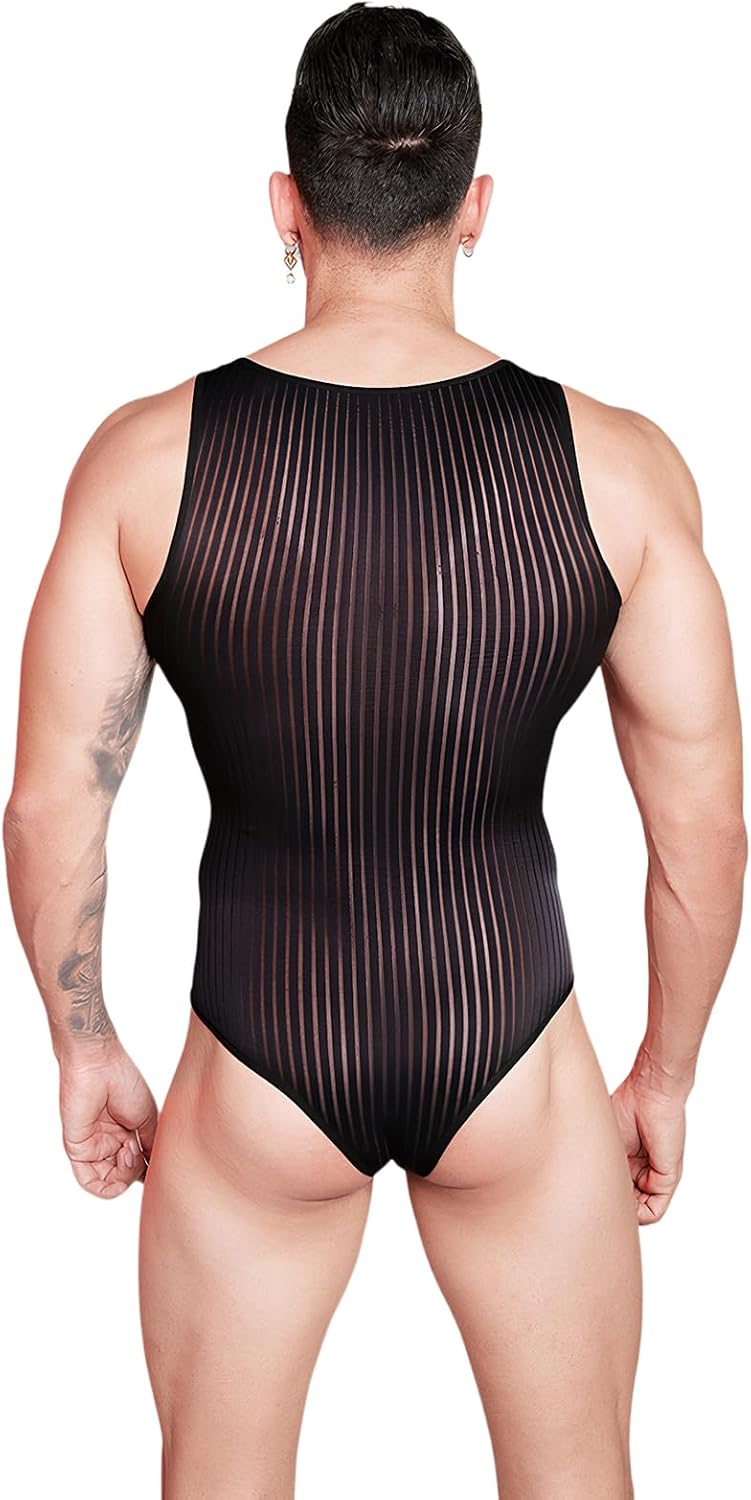 TINAYAUE Mens Sexy Lingerie Striped Sheer Bodysuit Male Gay Sissy Leotard Erotic Underwear Party Club Muscle Suit Rave Outfit