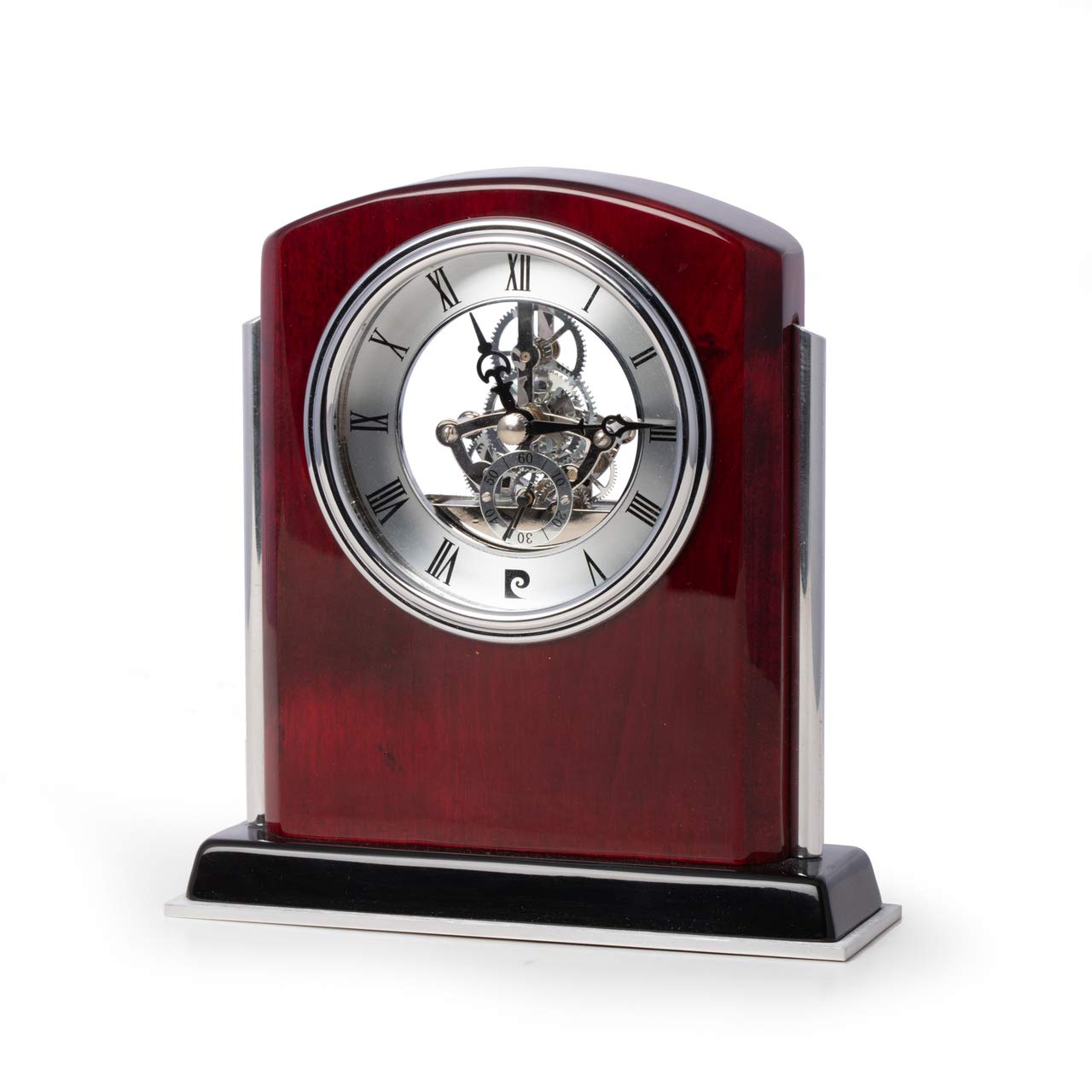 Bey-Berk Lacquered Mahogany Wood Skeleton Clock w/Stainless Steel