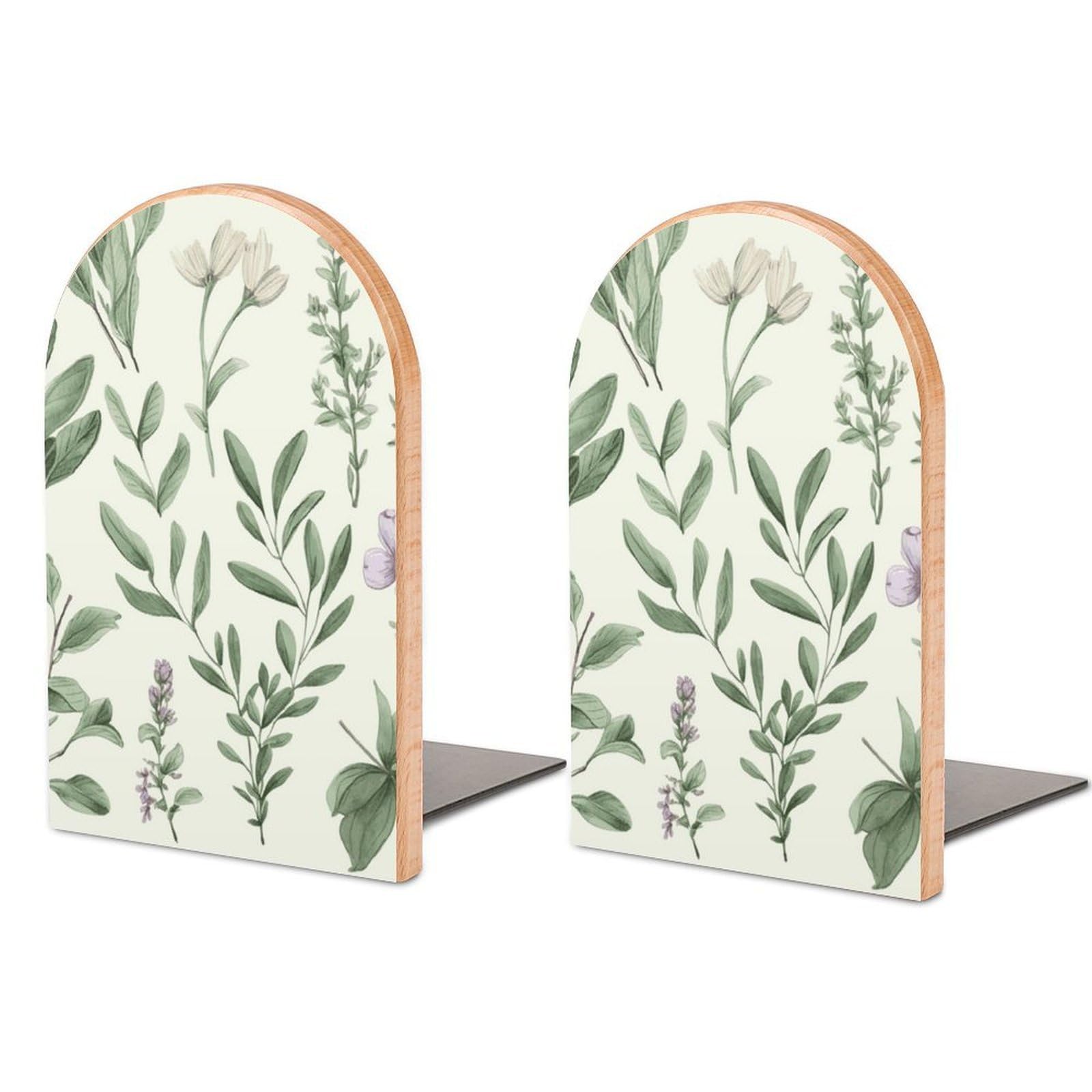 Green Flower Herb Sage Leaves and Branches Book Ends for Shelves - 2 Pack Handmade Wooden Bookends with Metal Base, Sturdy Book Holder for Heavy Books Modern Decorative Book Stopper for Home Office