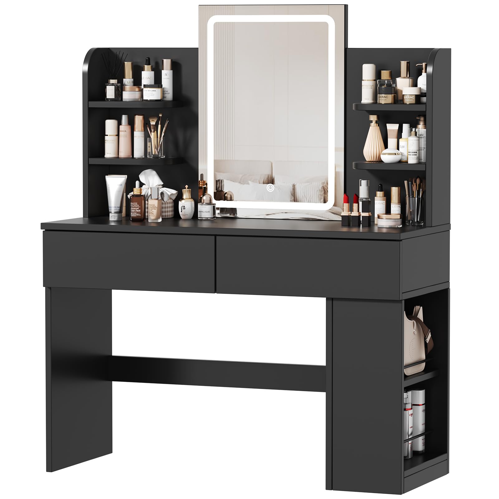 JUMMICO Schminktisch mit Spiegel und Beleuchtung, 3-farbige LED-Beleuchtung, 2 Schubladen, seitlicher Aufbewahrungsschrank, Schwarz, 135x108x40 cm