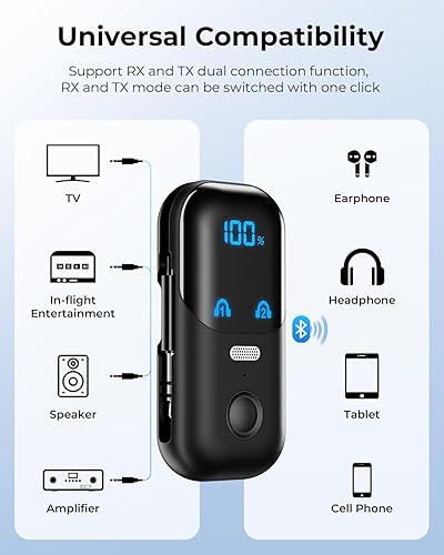 Vista 4 de Receptor transmisor Bluetooth 5.4 aptX adaptativo para 2 AirPods/auriculares, adaptador de audio Bluetooth 2 en 1 con micrófono y pantalla LED