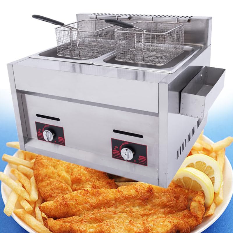 Freidora de gas comercial, de acero inoxidable, potencia de fuego ajustable, freidora doble de gran capacidad de 20 L con cestas y tapa, fácil limpieza