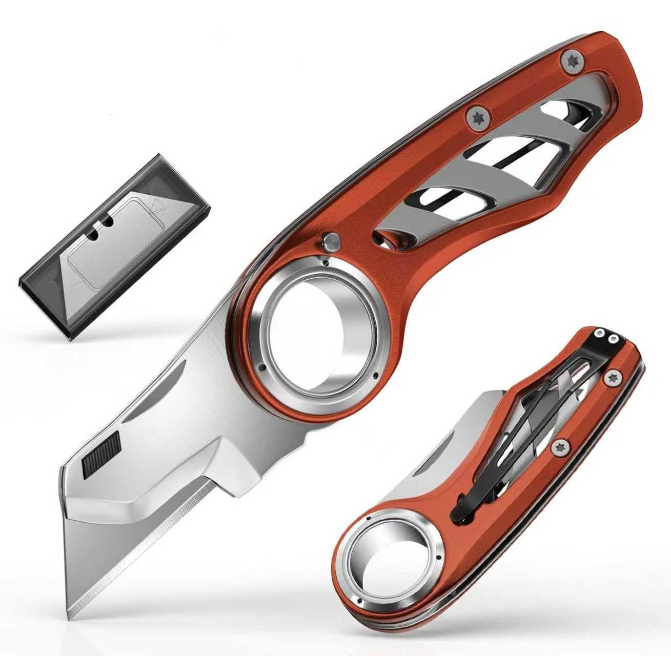 Profi Falt-Cuttermesser mit rutschfestem Fingerring & Aluminiumlegierung, werkzeugloser Klingenwechsel, inkl. 5 SK5-Klingen, ergonomisches Schneidmesser für Handwerk, Lager, Bau & Umzüge(Braun)