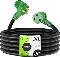 Vista 1 de RVMATE Cable de extensión de alimentación RV de 30 amperios y 15 pies con mango de fácil enchufe, TT-30P a TT-30R, indicador LED, 10 AWG