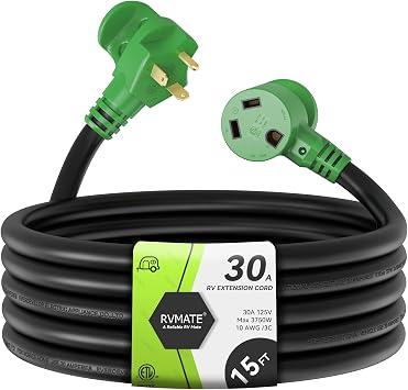 RVMATE 30 Amp 15 Feet RV Power Extension Cord | TT-30P to TT-30R, Easy Plug-in Handle, LED Indicator, 10 AWG, ETL Listed