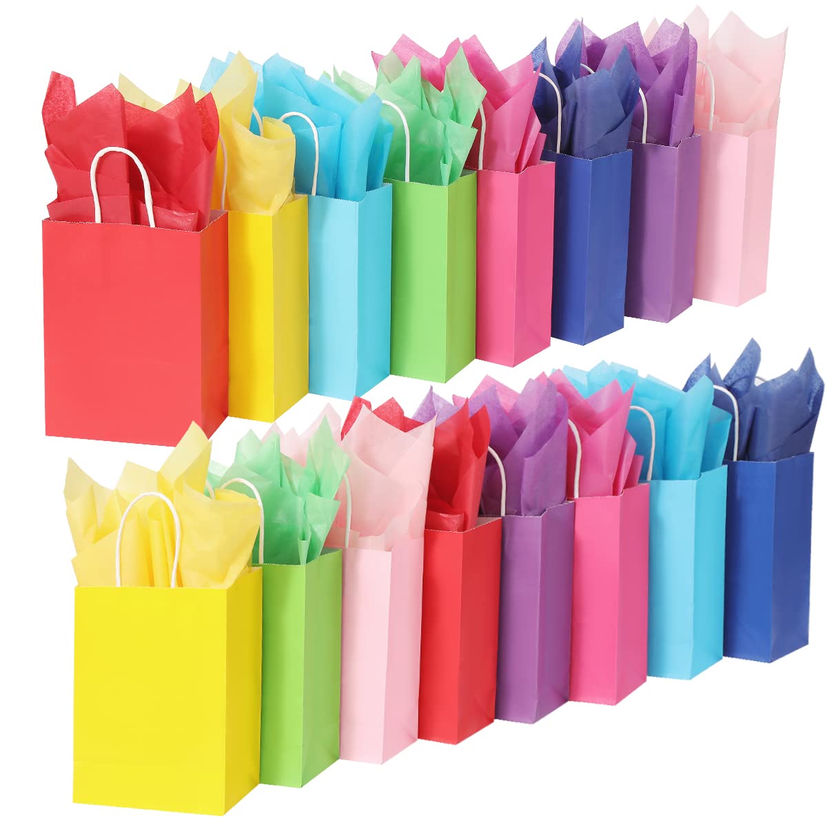Cootato 32 Pieces Gift Bags with 32 Tissues, 8 Colors Party Favor Bags with Handles, Kraft Paper Rainbow Gift Bags Bulk for Birthday, Wedding, Baby Shower, Party Supplies and Gifts