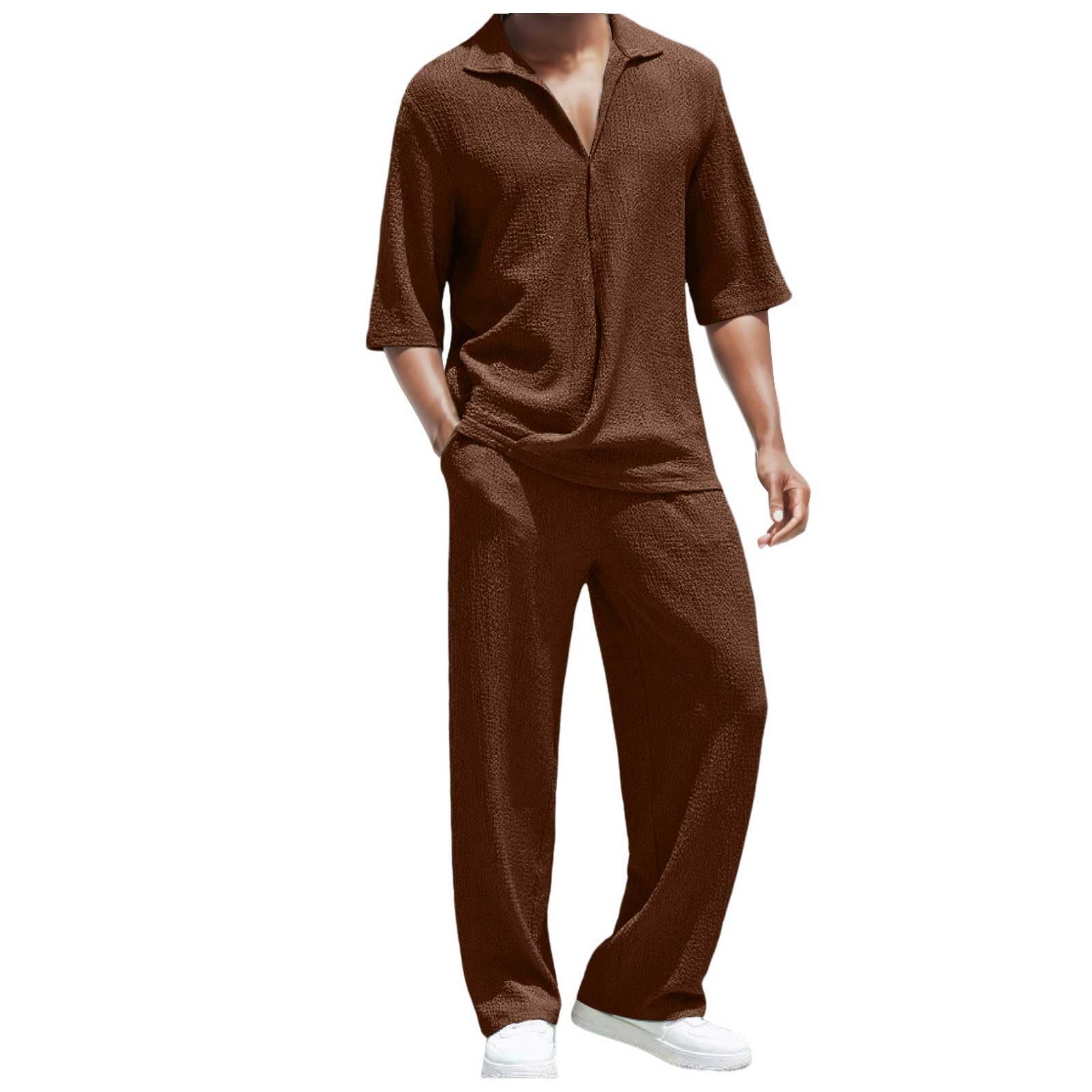 ToySdeal 2024 Chándal Hombre Traje Hombre 2pc Camisas Manga Corta y Pantalones Conjunto Lino para Verano Basic Transpirable Camiseta de Manga Corta de Playa + Pantalones