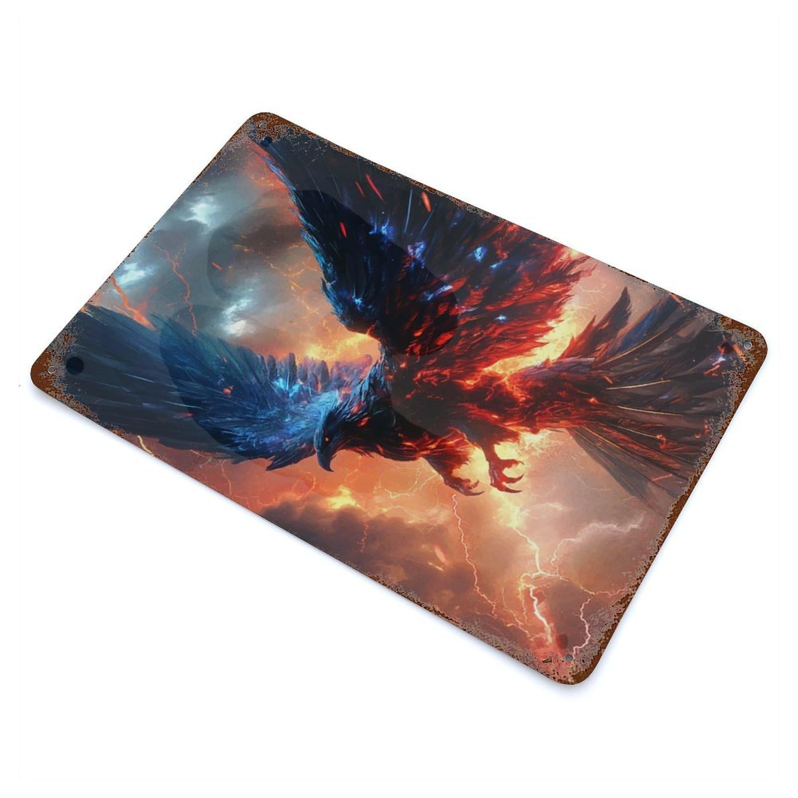 Fiery Phoenix 11.8"x7.9" Rust Effect Tin Sign, Industrial Home Decor for Living Room, Hallway And Home Decor