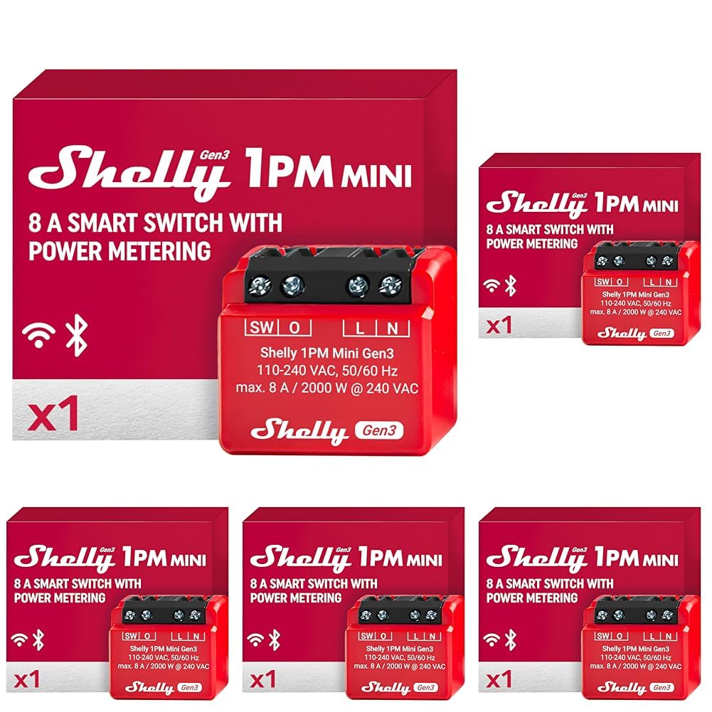 Shelly 1PM Mini Gen3, Relè Intelligente WiFi e Bluetooth, 1 Canale, 8A, Misurazione di Potenza, Domotica, Controllo Remoto, Alexa e Google Home, iOS Android, Nessun Hub Necessario (Confezione da 5)