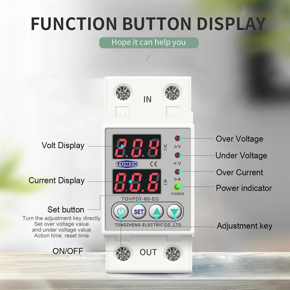 Interruttore Magnetotermico 60A Guida DIN 230 V regolabile e sotto la tensione Protezione del dispositivo Protector Relay Monitor Monitor Limite corrente Differenziale Riarmo Automatico (Misurare : 8